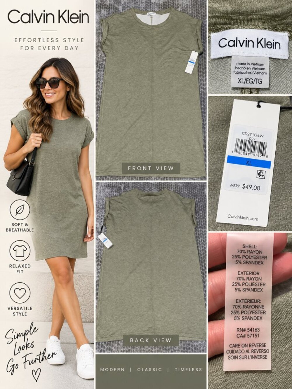 Calvin Klein Gray Green T-Shirt Dress Women’s XL NWT Stretch Midi $49
